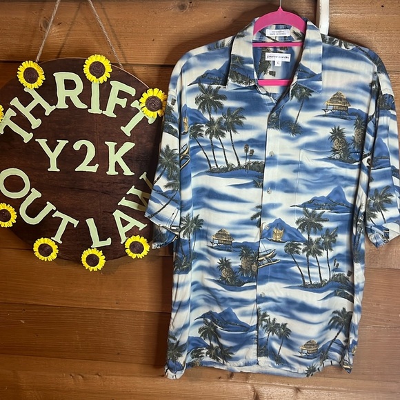 Vintage Hawaiian Pierre Cardin Button Korea Palm Tree Volcano Boat Collar Shirt - Picture 1 of 5